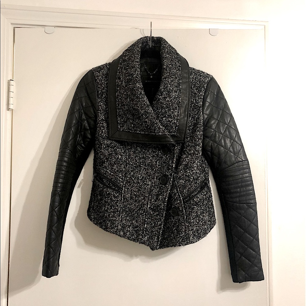 BCBGMAXAZRIA Tweed and Faux Leather Moro Jacket.